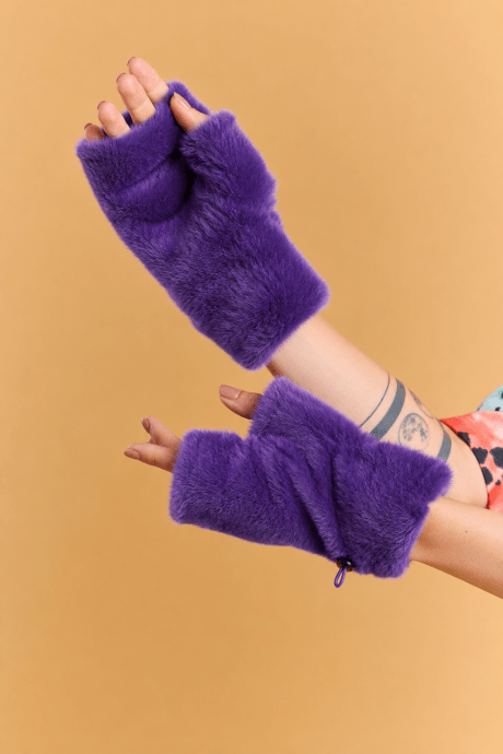 Purple Faux Fur Adjustable Fingerless Gloves