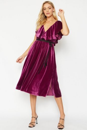 Purple Frill Front Velvet Skater Midi Dress