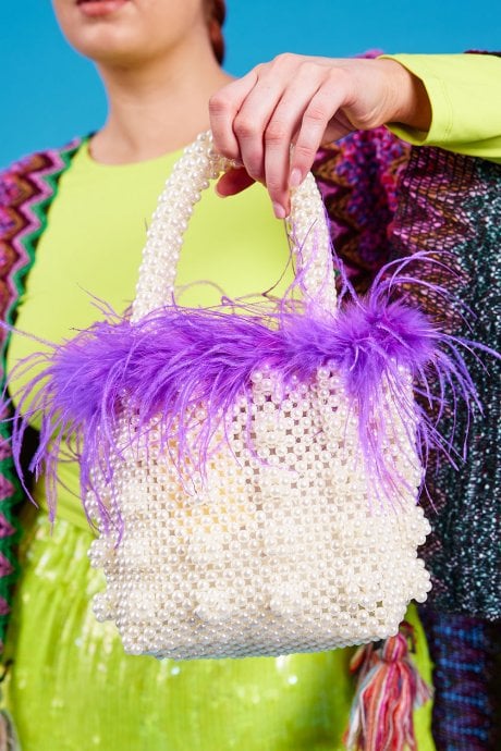 Purple Handmade Pearl Tote Bag with Feather Trim