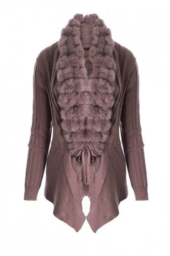 Purple Knitted cardigan with coney fur pom pom
