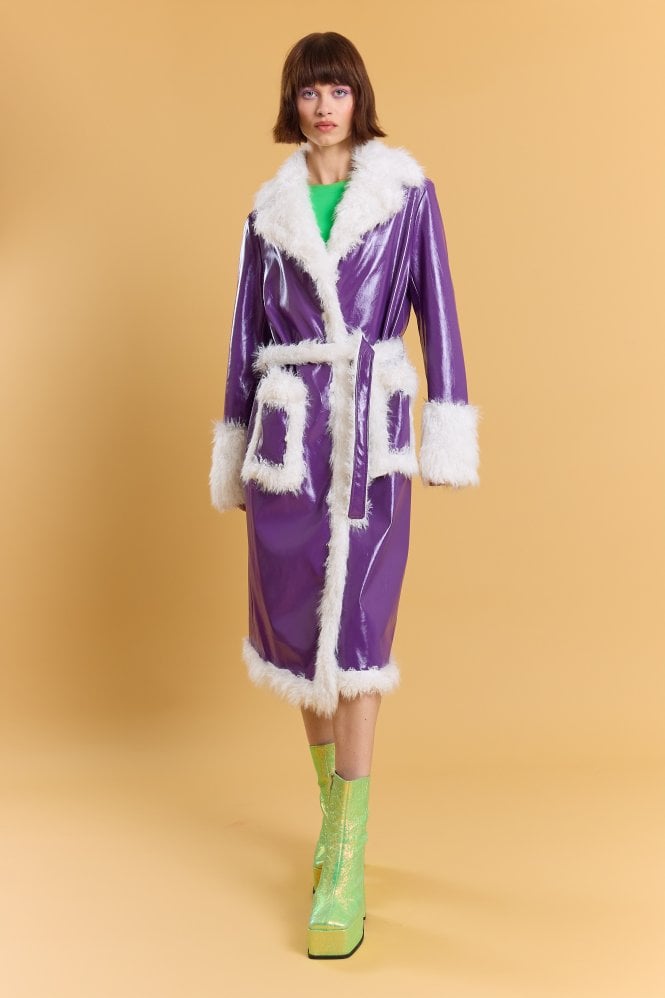 JAYLEY Purple Metallic Faux Leather Faux Fur Trim TrenchCoat