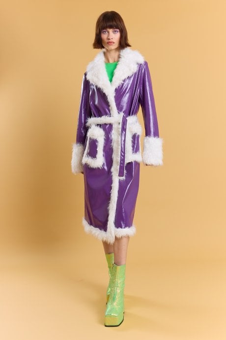 Purple Metallic Faux Leather Faux Fur Trim TrenchCoat