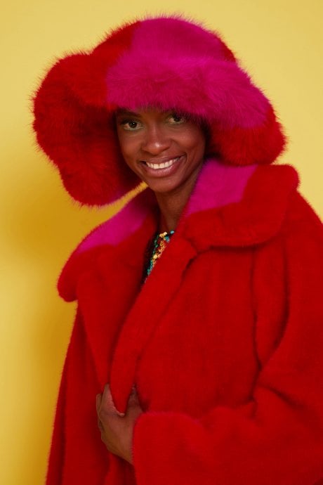 Red and Pink Two Tone Bamboo Faux Fur Hat