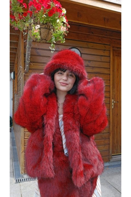 Red Bamboo Blend Faux Fur Jacket