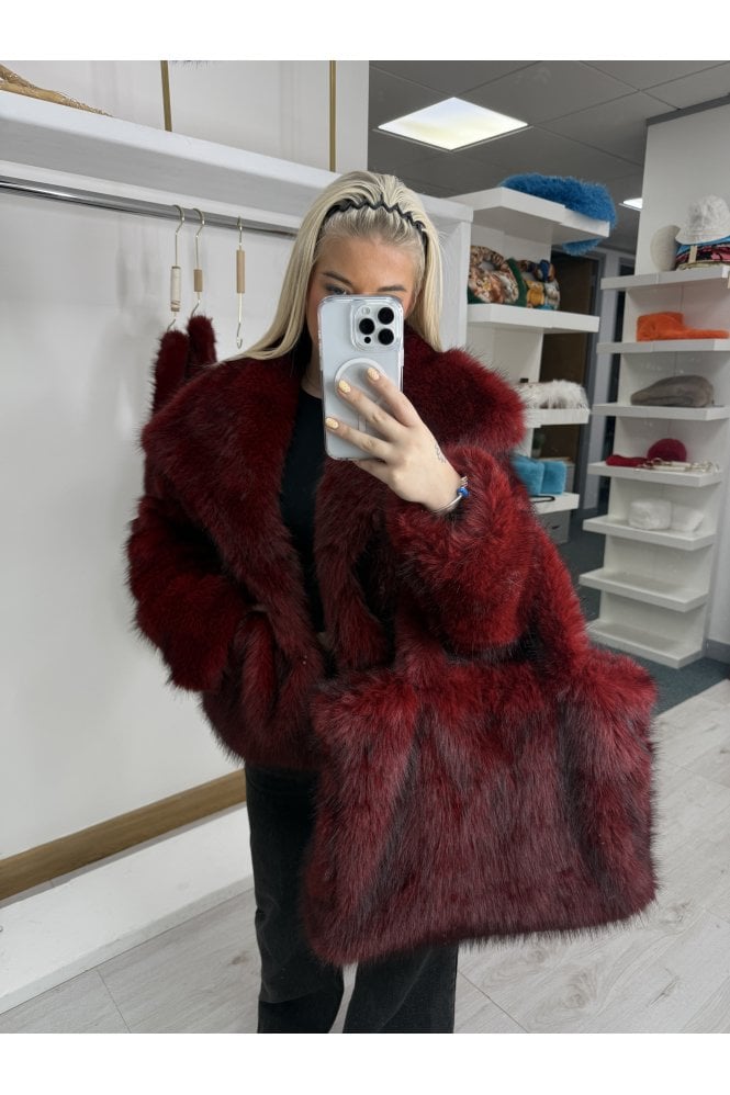 JAYLEY Red Bamboo Blend Faux Fur Large Tote Bag 