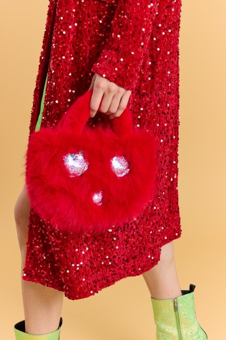 Red Bamboo Blend Faux Fur Sequin Bag