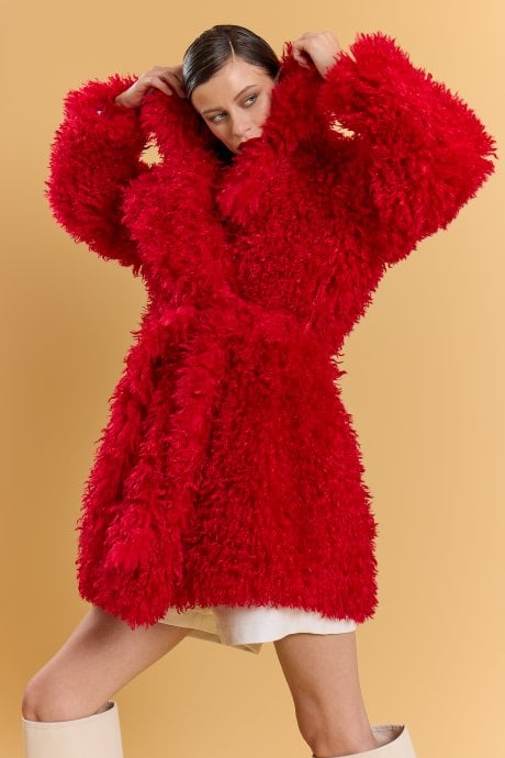 Red Bamboo Blend Faux Fur Shearling Coat