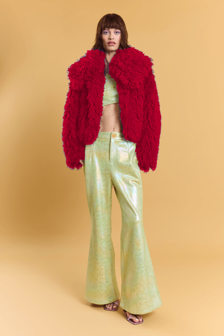 Red Bamboo Blend Faux Mongolian Jacket 