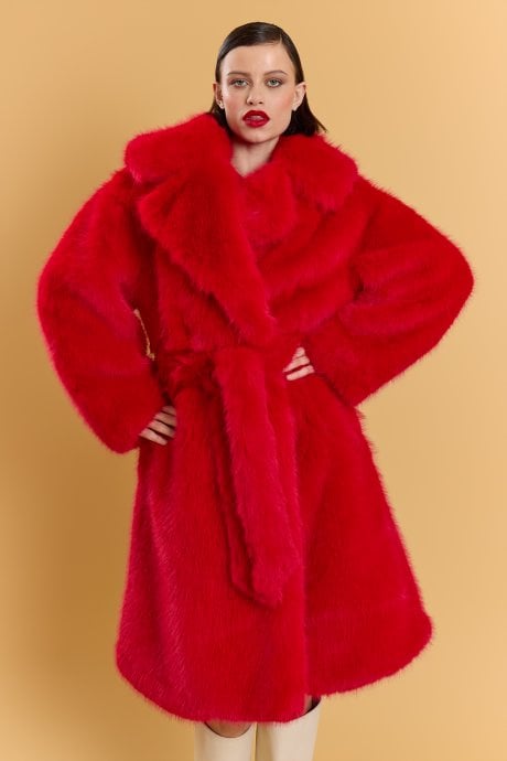 Red Bamboo Faux Fur Cream Coat