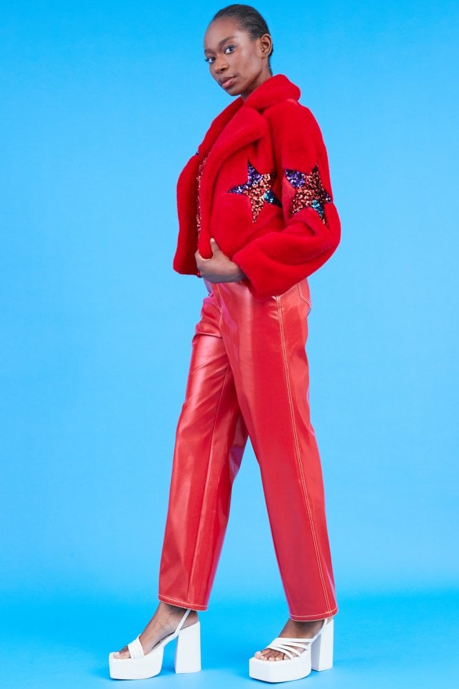 JAYLEY Red Bamboo Faux Fur Sequins Star Jacket