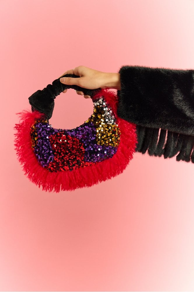 JAYLEY Bamboo Faux Fur Trim Sequin Tote Bag