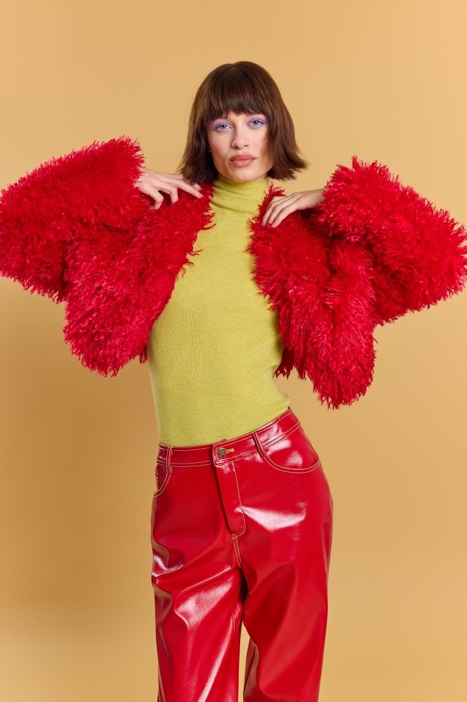 JAYLEY Red Bamboo Lyocell Blend Faux Mongolian Fur Jacket