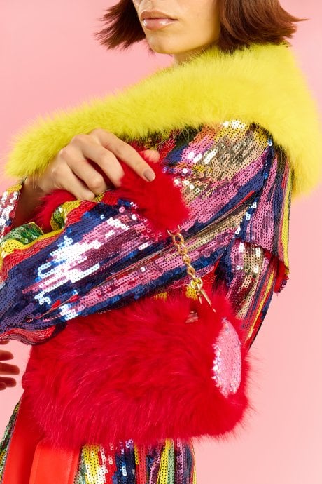 Red Bamboo Lyocell Faux Fur Sequins Bag