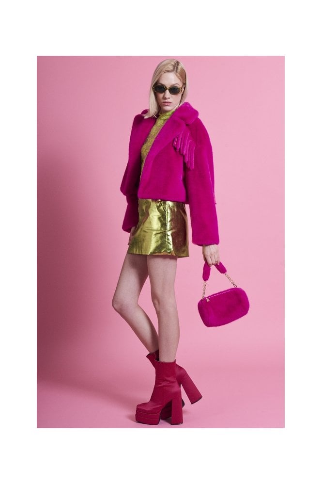 JAYLEY Red Bamboo Lyocell Faux Fur Sequins Bag