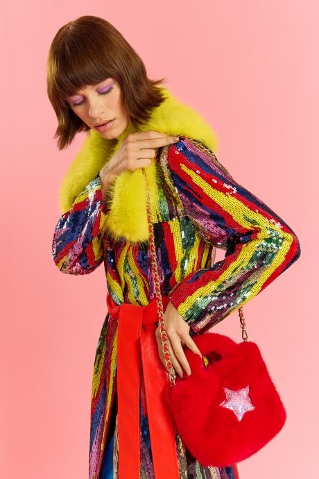 Red Bamboo Lyocell Faux Fur Sequins Star Bag