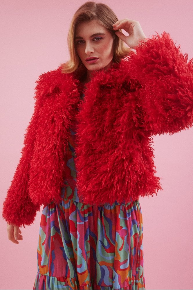 JAYLEY Red Bamboo Lyocell Knitted Vegan Faux Shearling Jacket