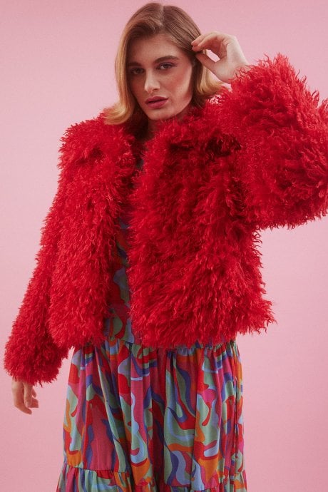 Red Bamboo Lyocell Knitted Vegan Faux Shearling Jacket