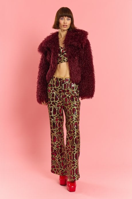 Deep Red Bamboo Lyocell Knitted Vegan Faux Shearling Jacket