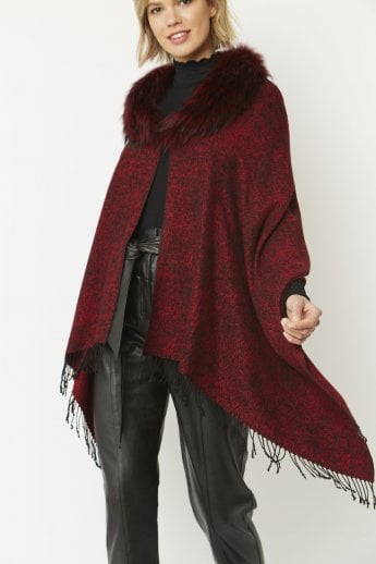 Red Cashmere And Silk Wrap with Fox Fur Collar