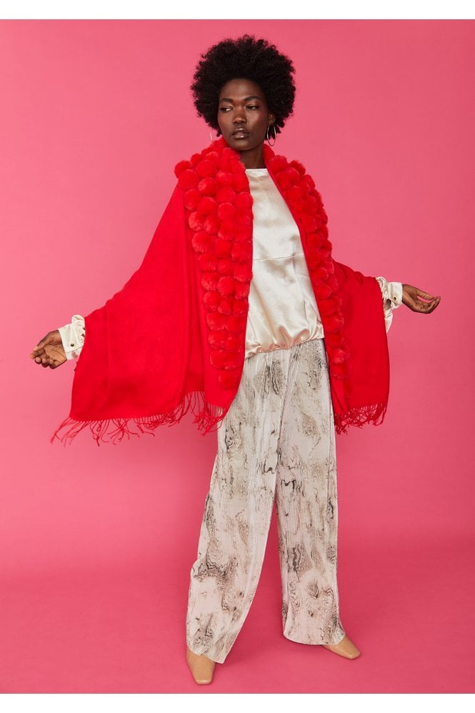 JAYLEY Red Cashmere Blend Faux Fur Pom Pom Wrap