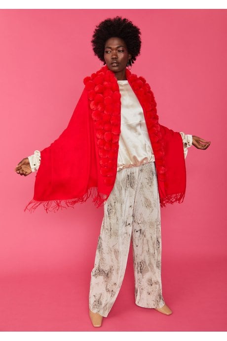 Red Cashmere Blend Faux Fur Pom Pom Wrap