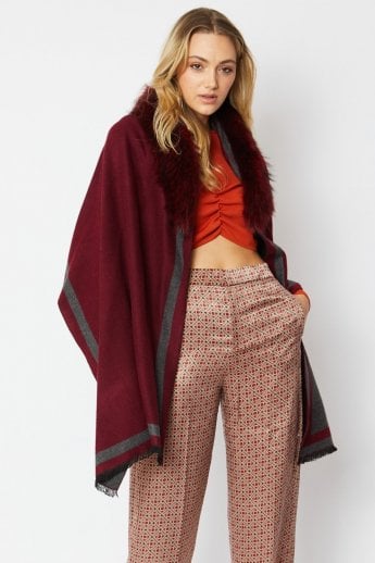Red Cashmere Wrap with Fox Fur Collar