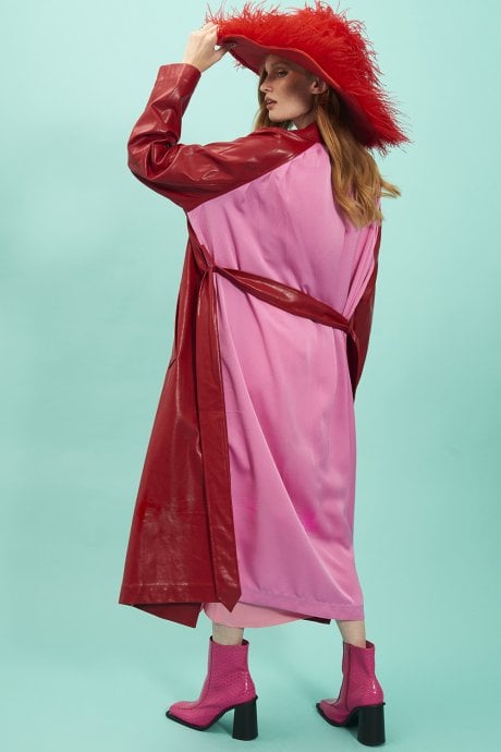 Red Eco Leather Trench Coat with Pink Back Panel