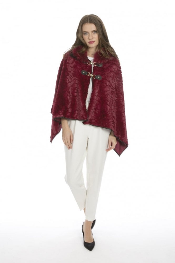 JAYLEY Red Faux Fur Cape with Fox Fur Trim Hood