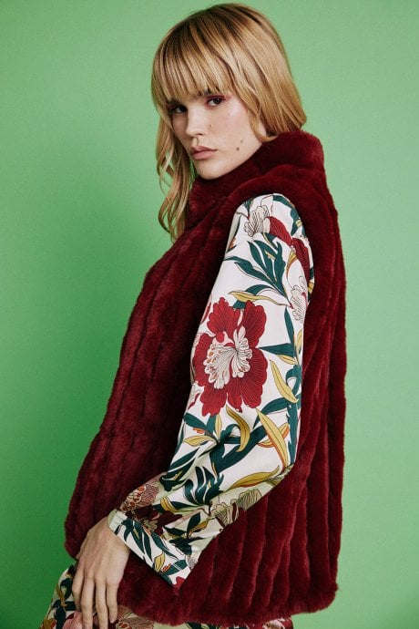 Red Faux Fur Faux Suede Vertical Stripe Gilet | Waistcoat
