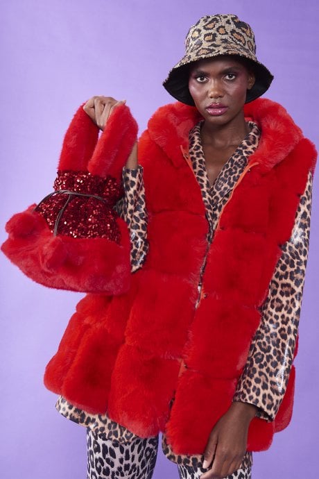 Red Faux Fur Long Hooded Gilet | Waistcoat
