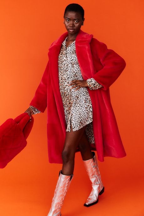Red Faux Fur Midi Coat
