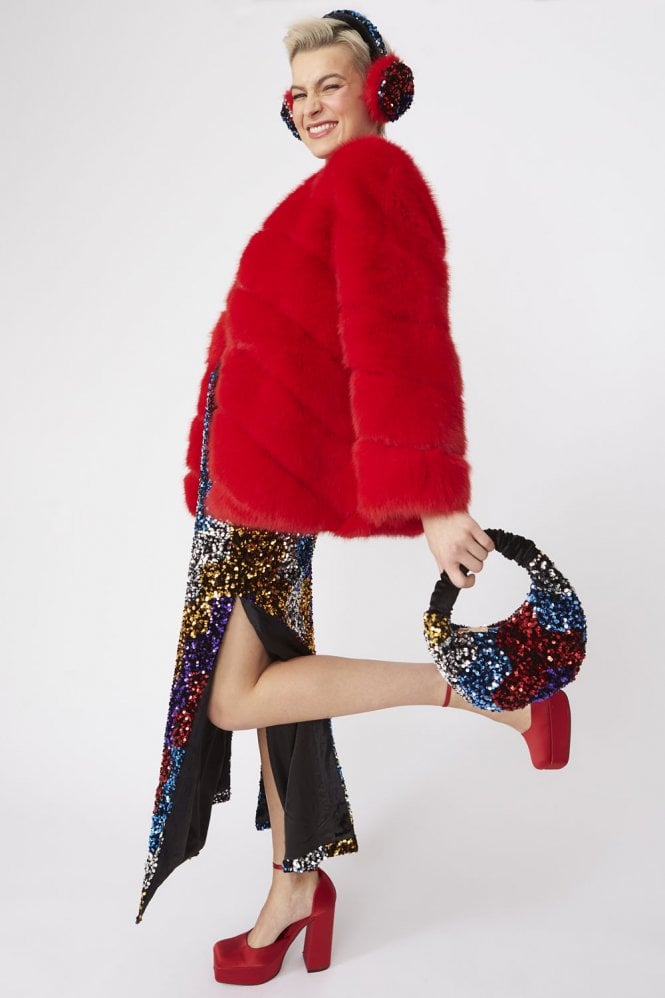 JAYLEY Red Faux Fur Striped Gaga Coat