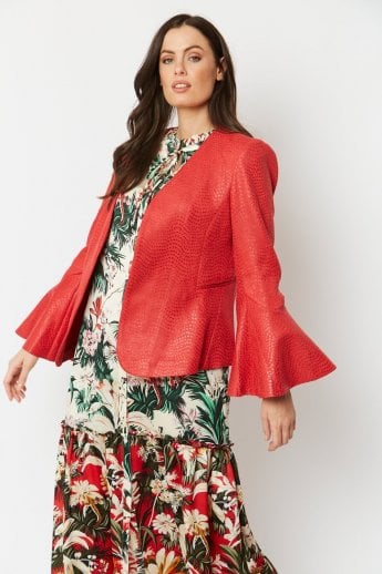 Red Faux Suede Flared Sleeve Jacket