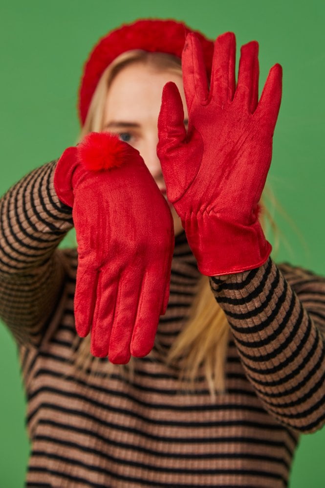 JAYLEY Red Faux Suede Gloves With Faux Fur Pom