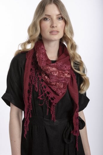 Red Fine Knit Scarf with Roses