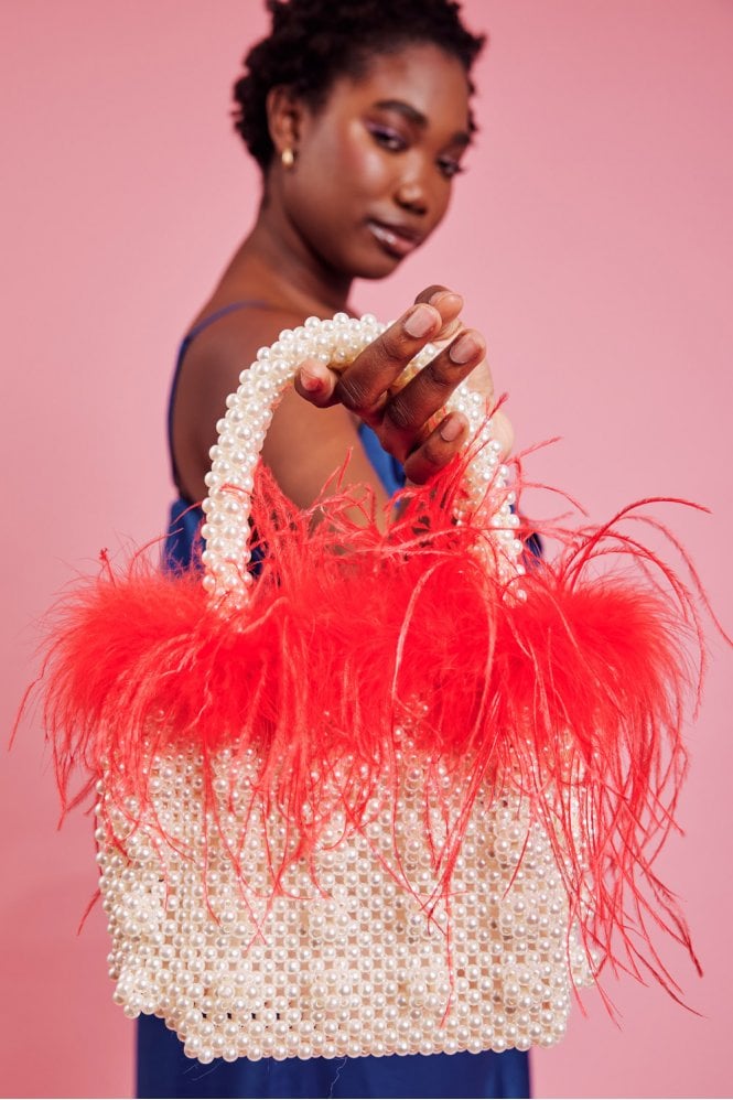 JAYLEY Red Handmade Pearl Tote Bag with Feather Trim