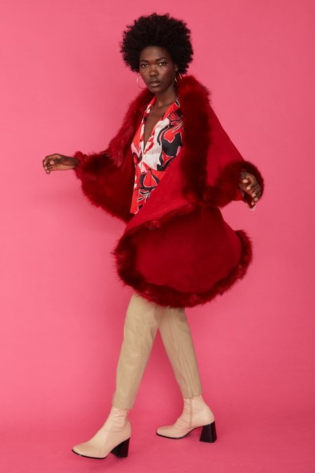 Red Knitted Luxury Faux Fur Cape