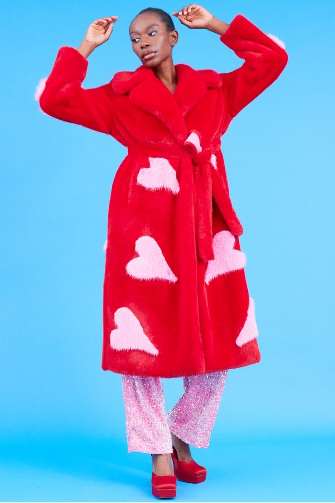 JAYLEY Red Maxi Eco Bamboo Faux Fur Coat with Love Heart Detailing