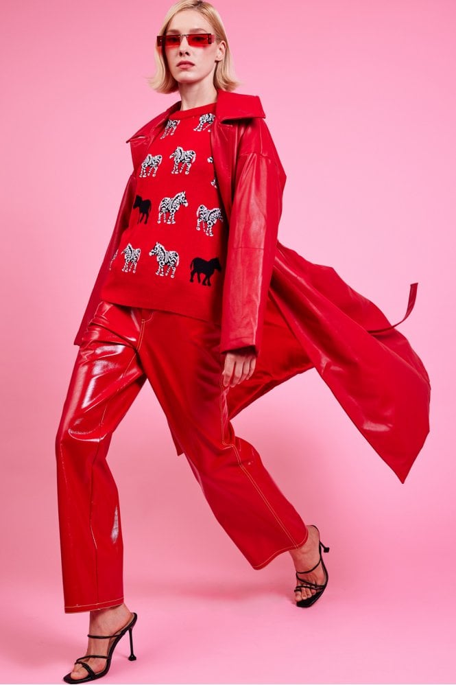 JAYLEY Red Maxi Eco Leather Puffer Coat