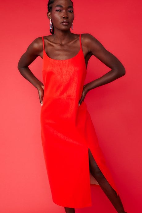 Red Midi Cami Style Pencil Dress with Split