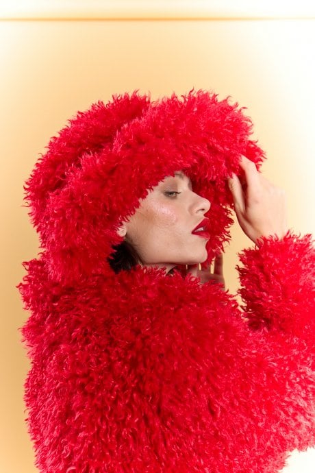 Red Oversized Bamboo Fur Hat