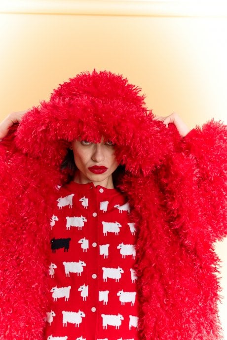Red Oversized Bamboo Fur Hat
