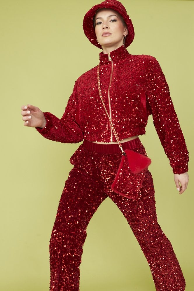 JAYLEY Red Sequin and Faux Fur Phone Holder