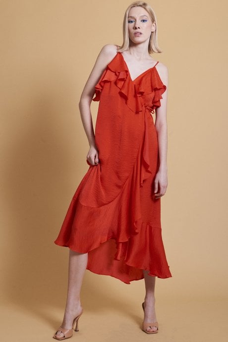 Red Silk Blend Maxi Wrap Ruffle Dress
