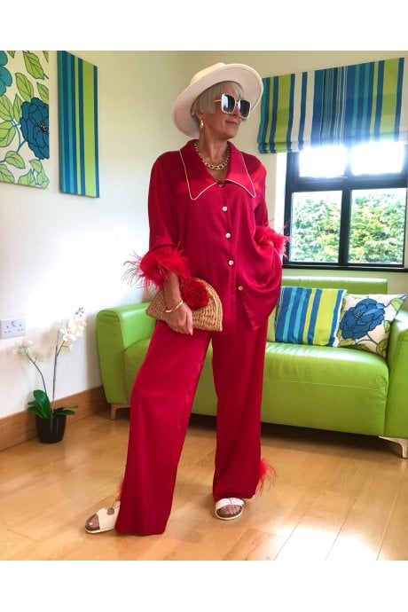 Red Silk Pyjamas With Feather Trim