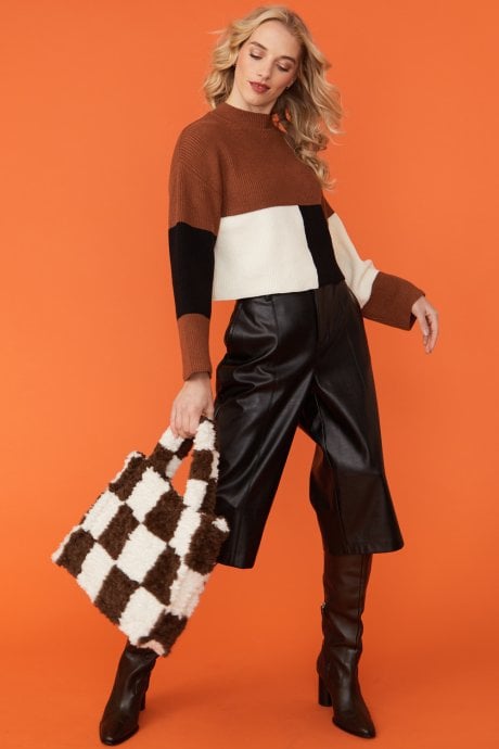 Shearling Checkered Tote Bag in Chocolate and Cream