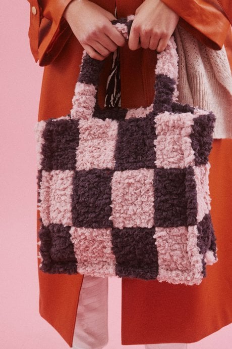 Shearling Checkered Tote Bag in Pink and Purple