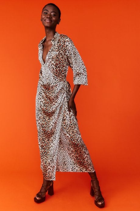 Silk Blend Animal Print Wrap Maxi Dress