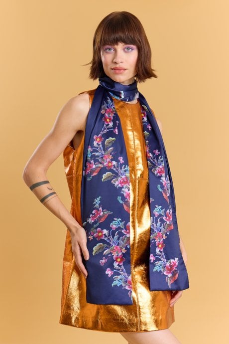 Silk Blend Blue Floral Long Scarf