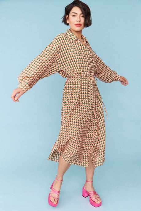 Silk Blend Geometric Print Wrap Dress